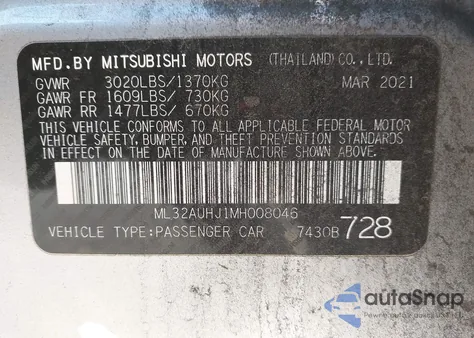 2021 Mitsubishi Mirage Carbonite Edition/Es/Le from USA, damaged, VIN ML32AUHJ1MH008046